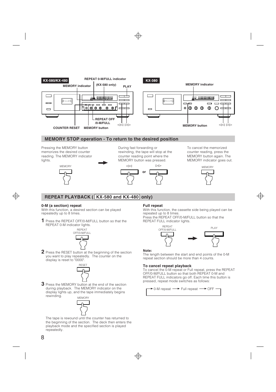 Memory stop operation, Repeat playback ( kx-580 and kx-480 only) | Yamaha YHT-580 User Manual | Page 8 / 18