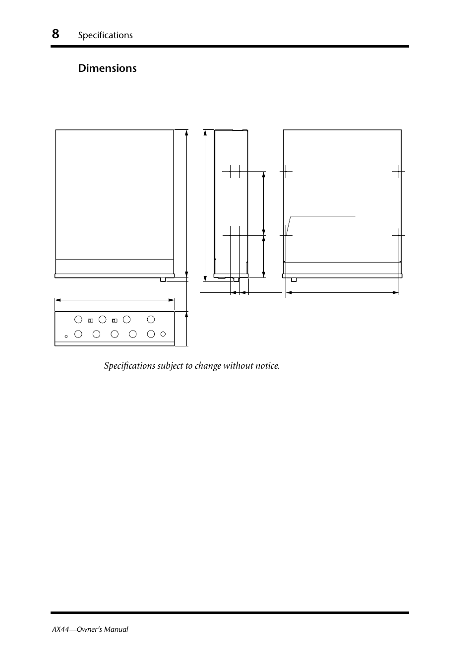 Dimensions, Specifications subject to change without notice, Specifications | Yamaha AX44 User Manual | Page 10 / 51