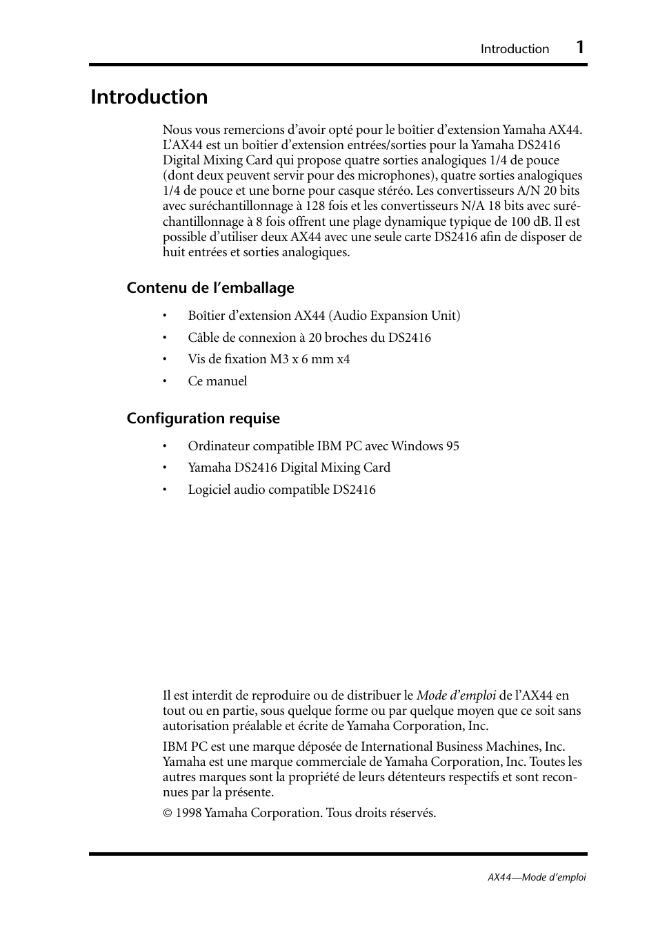 Introduction, Contenu de l’emballage, Configuration requise | Yamaha AX44 User Manual | Page 13 / 51