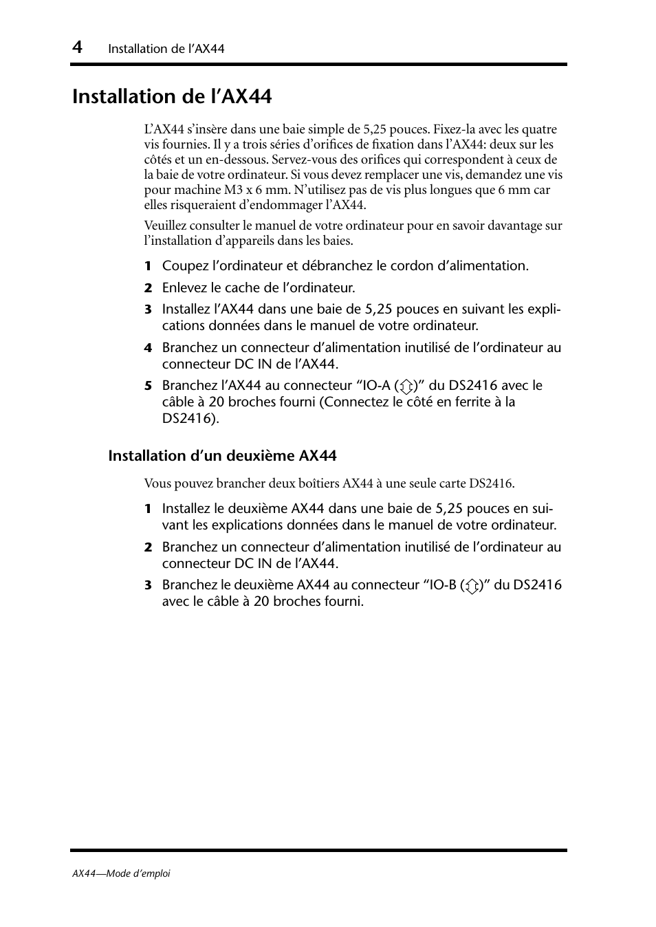 Installation de l’ax44, Installation d’un deuxième ax44 | Yamaha AX44 User Manual | Page 16 / 51