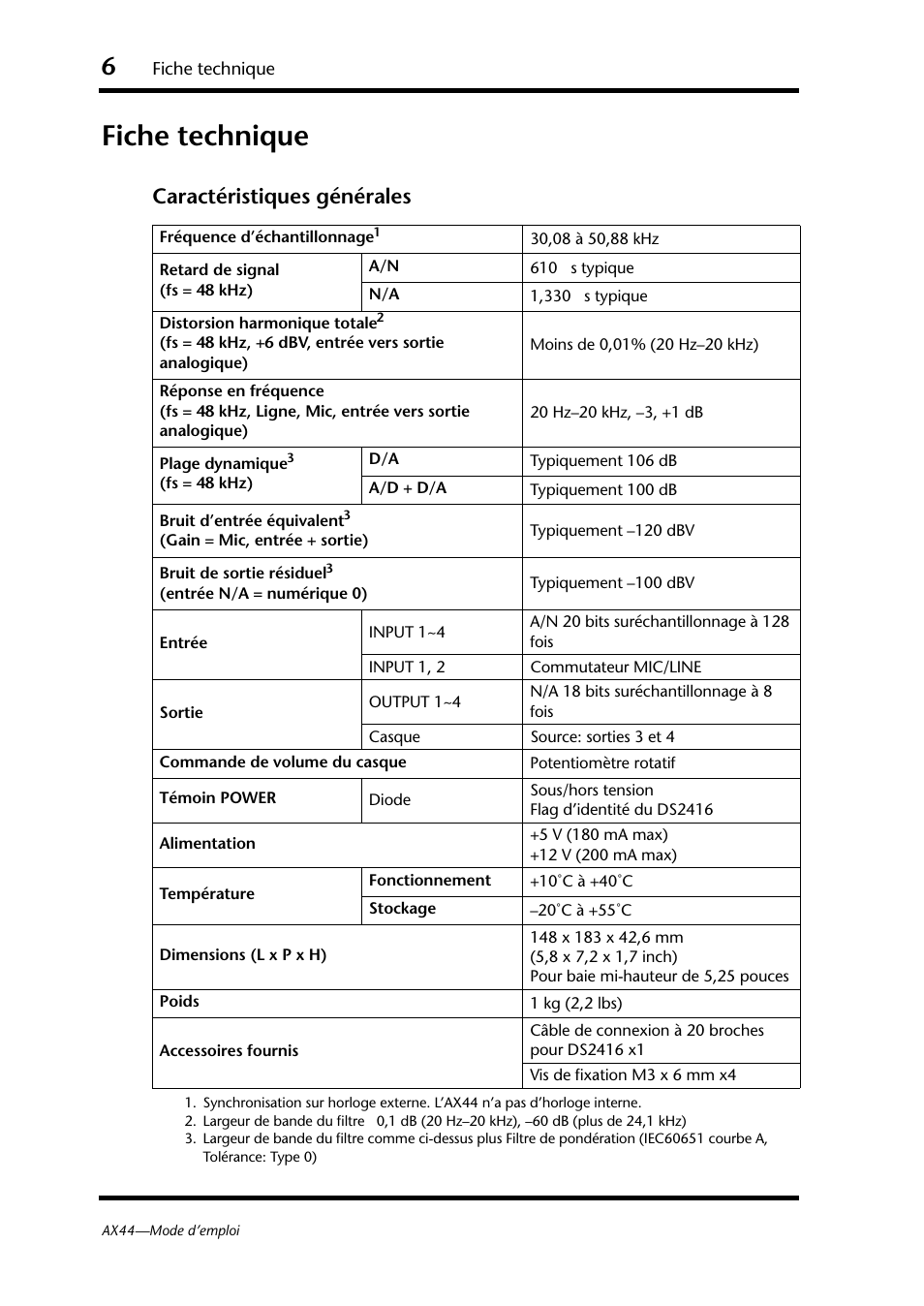 Fiche technique, Caractéristiques générales | Yamaha AX44 User Manual | Page 18 / 51