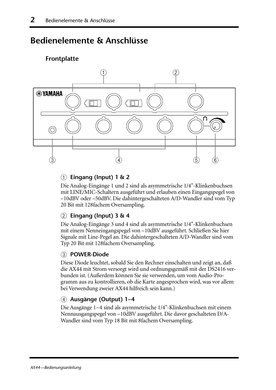 Bedienelemente & anschlüsse, Frontplatte | Yamaha AX44 User Manual | Page 24 / 51