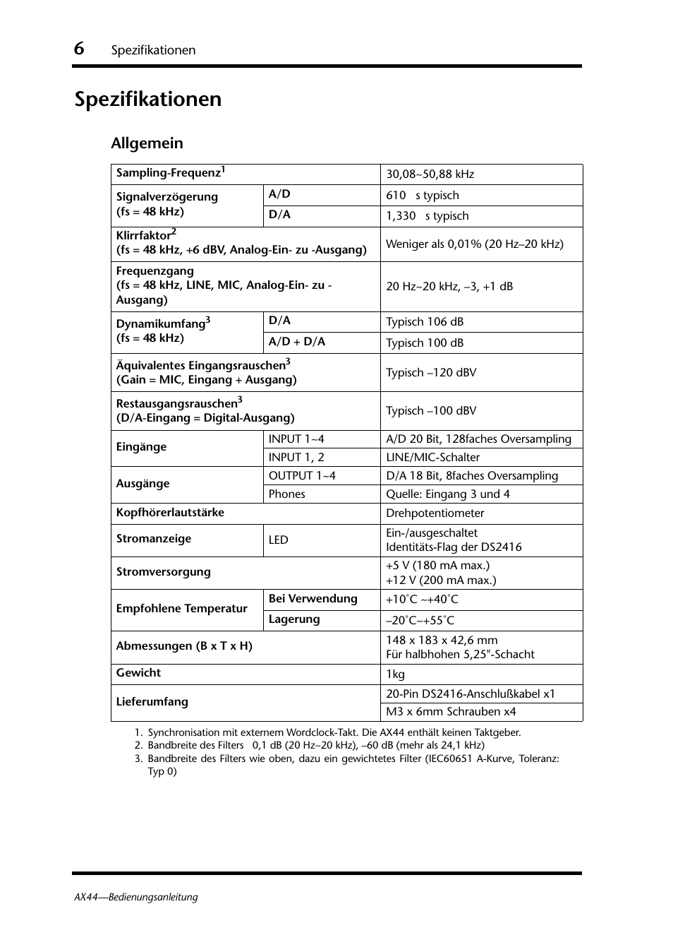 Spezifikationen, Allgemein | Yamaha AX44 User Manual | Page 28 / 51