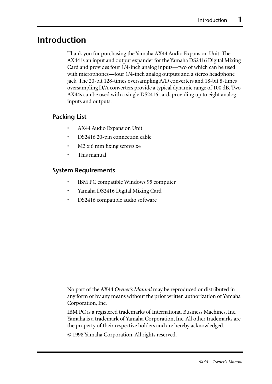 Introduction, Packing list, System requirements | Packing list system requirements | Yamaha AX44 User Manual | Page 3 / 51