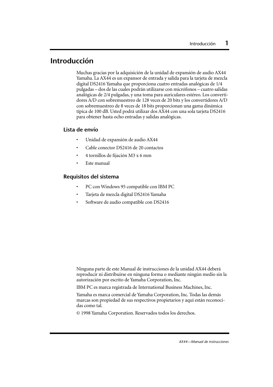 Introducción, Lista de envío, Requisitos del sistema | Lista de envío requisitos del sistema | Yamaha AX44 User Manual | Page 33 / 51