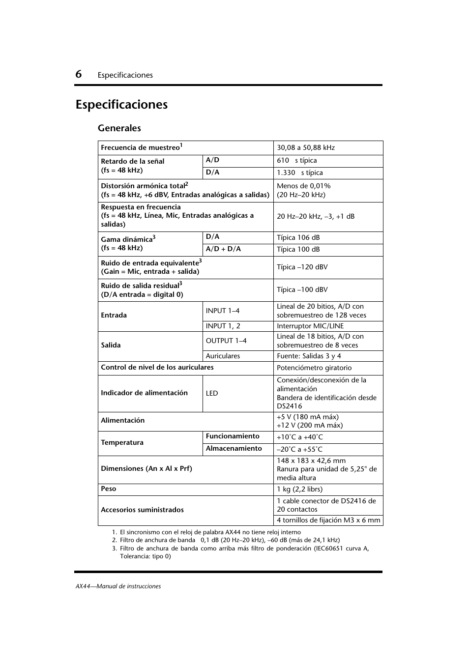 Especificaciones, Generales | Yamaha AX44 User Manual | Page 38 / 51