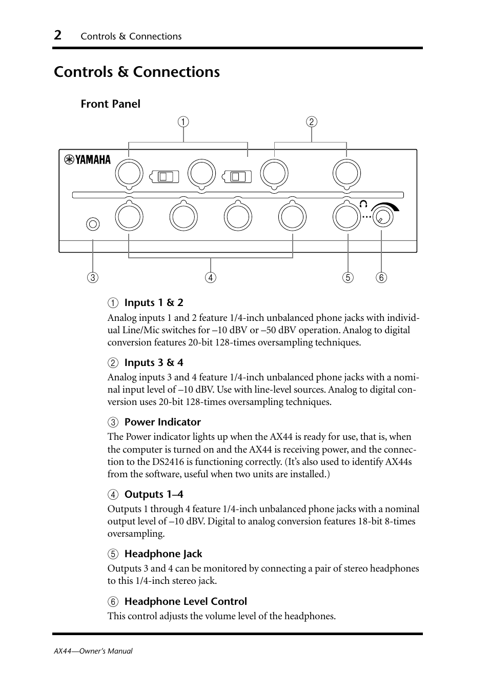 Controls & connections, Front panel | Yamaha AX44 User Manual | Page 4 / 51