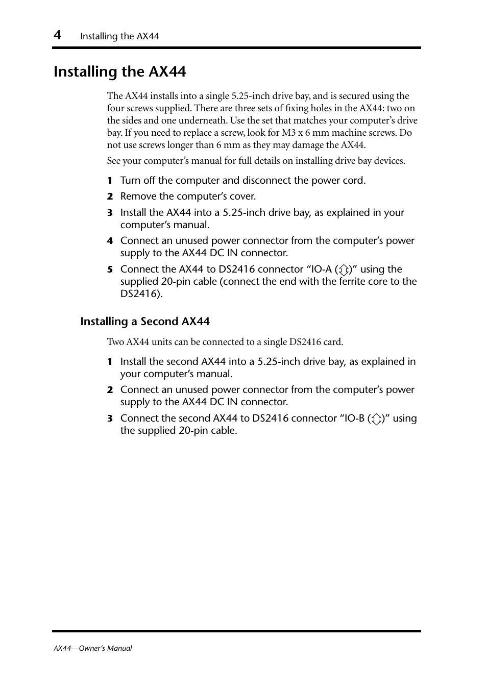 Installing the ax44, Installing a second ax44 | Yamaha AX44 User Manual | Page 6 / 51