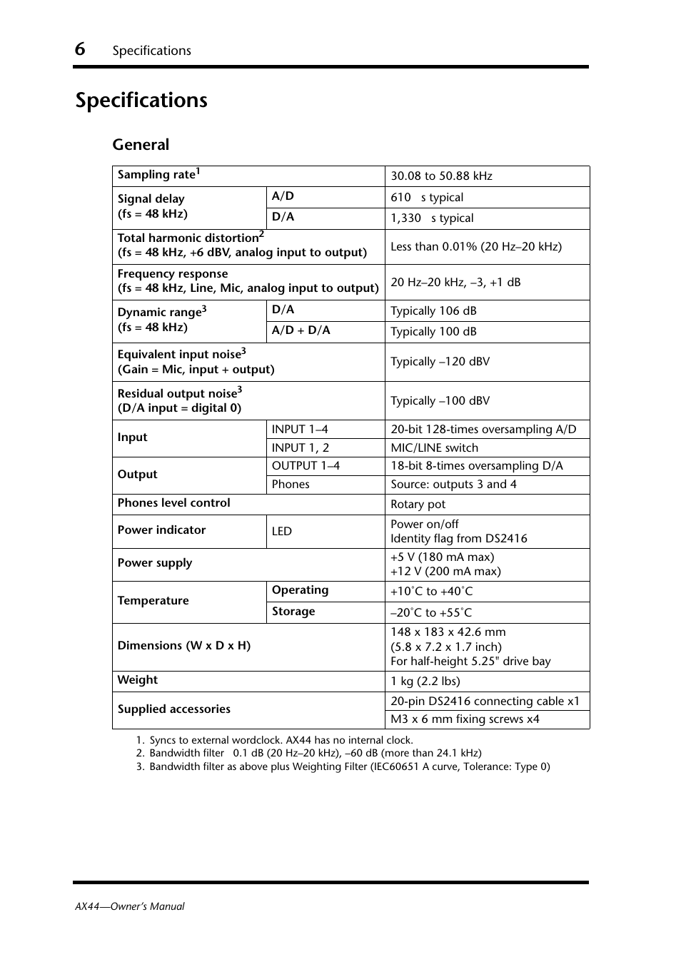 Specifications, General | Yamaha AX44 User Manual | Page 8 / 51