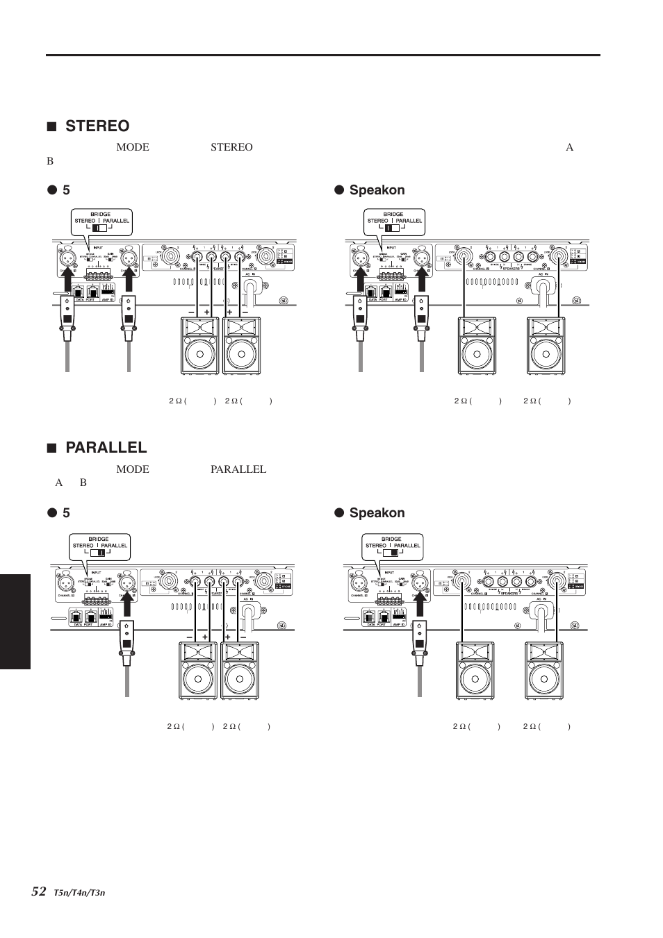 音箱的连接, Stereo模式, Parallel模式 | Stereo, Parallel, 5 ● speakon | Yamaha T5n/T4n/T3n User Manual | Page 7 / 19