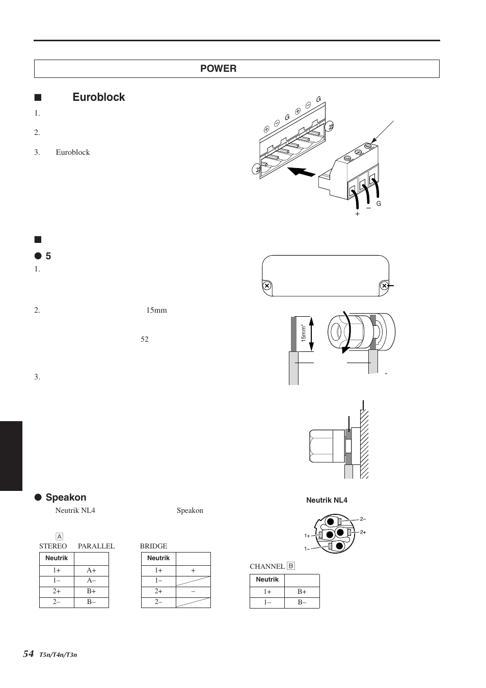使用euroblock连接头, 音箱的连接, Euroblock | Speakon, Power | Yamaha T5n/T4n/T3n User Manual | Page 9 / 19