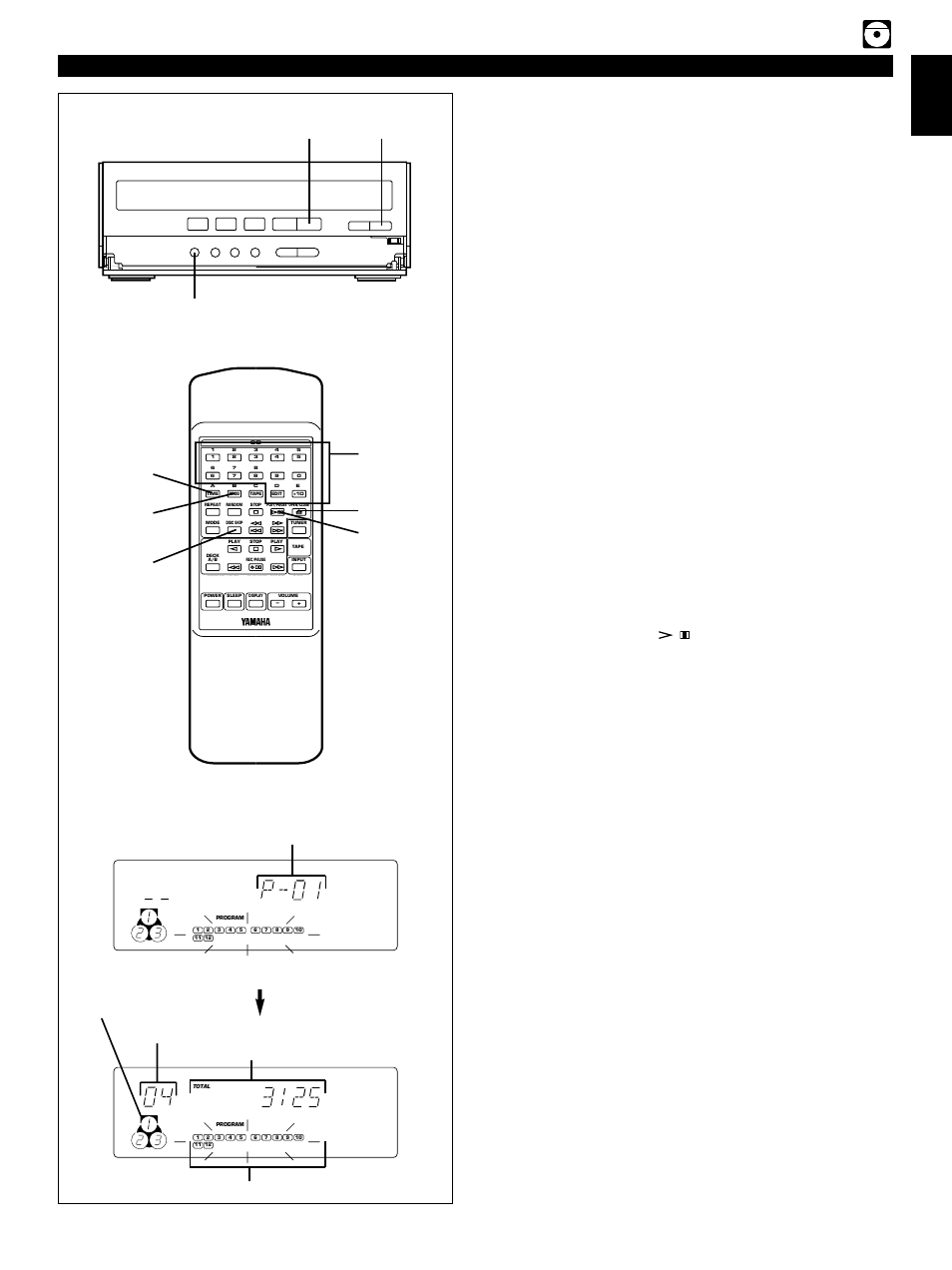Program play, Compact disc player operation, E-15 english | Cd player time time, Display information during programming, Load discs and close the disc table | Yamaha CC-75 User Manual | Page 23 / 54