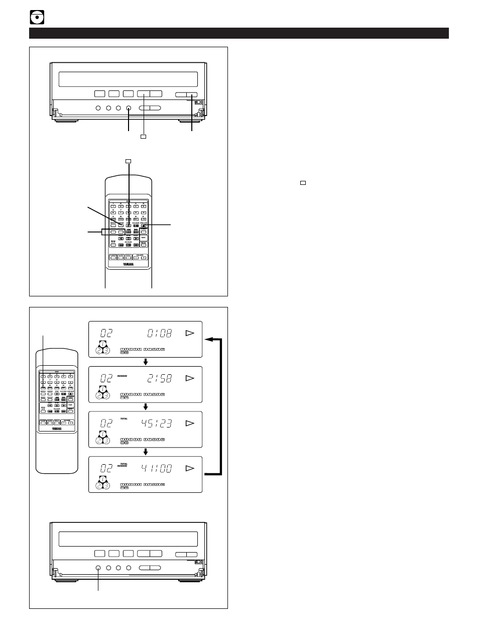 Random play, Switching the time display, E-18 | Compact disc player operation, Time cd player time cd player, Load discs and close the disc table | Yamaha CC-75 User Manual | Page 26 / 54