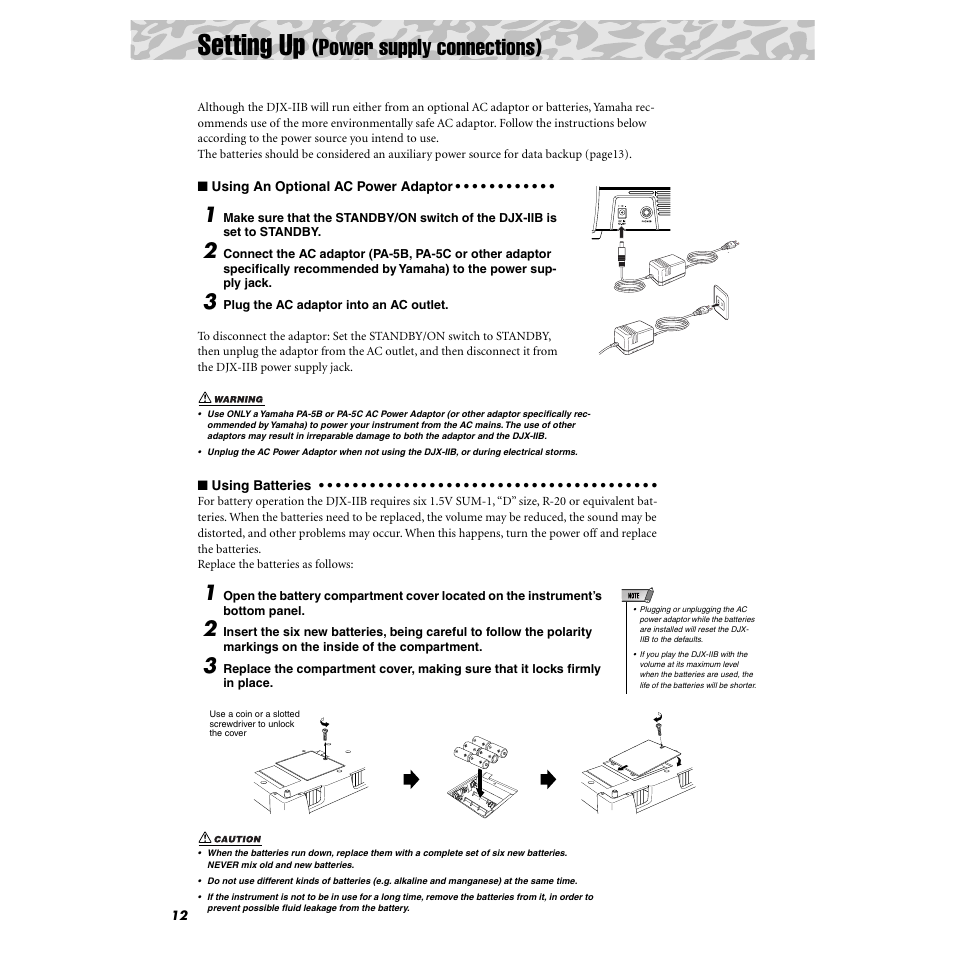 Setting up (power supply connections), Setting up, Power supply connections) | Yamaha DJX-IIB User Manual | Page 12 / 93