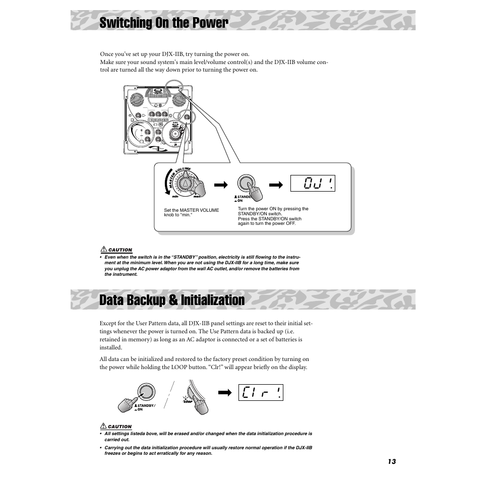 Switching on the power, Data backup & initialization | Yamaha DJX-IIB User Manual | Page 13 / 93