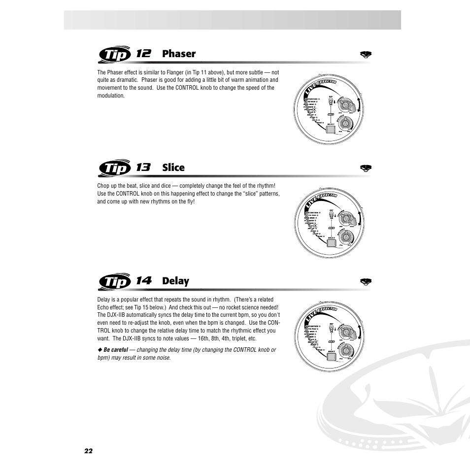 Tip 12 phaser, Tip 13 slice, Tip 14 delay | Tip 12, Phaser, Tip 13, Slice, Tip 14, Delay | Yamaha DJX-IIB User Manual | Page 22 / 93