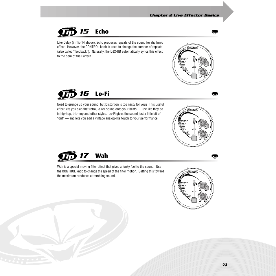 Tip 15 echo, Tip 16 lo-fi, Tip 17 wah | Tip 15, Echo, Tip 16, Lo-fi, Tip 17 | Yamaha DJX-IIB User Manual | Page 23 / 93