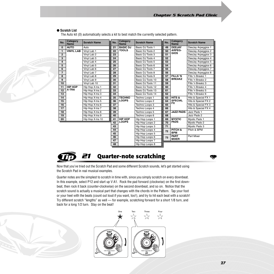 Tip 21 quarter-note scratching, Tip 21, Quarter-note scratching | Chapter 5 scratch pad clinic | Yamaha DJX-IIB User Manual | Page 27 / 93