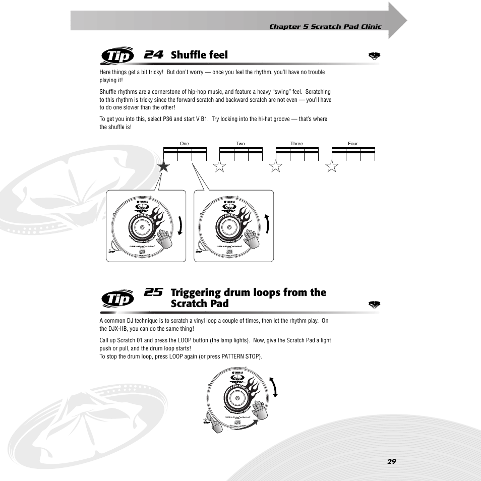 Tip 24 shuffle feel, Tip 25 triggering drum loops from the scratch pad, Tip 24 | Shuffle feel, Tip 25, Triggering drum loops from the scratch pad | Yamaha DJX-IIB User Manual | Page 29 / 93