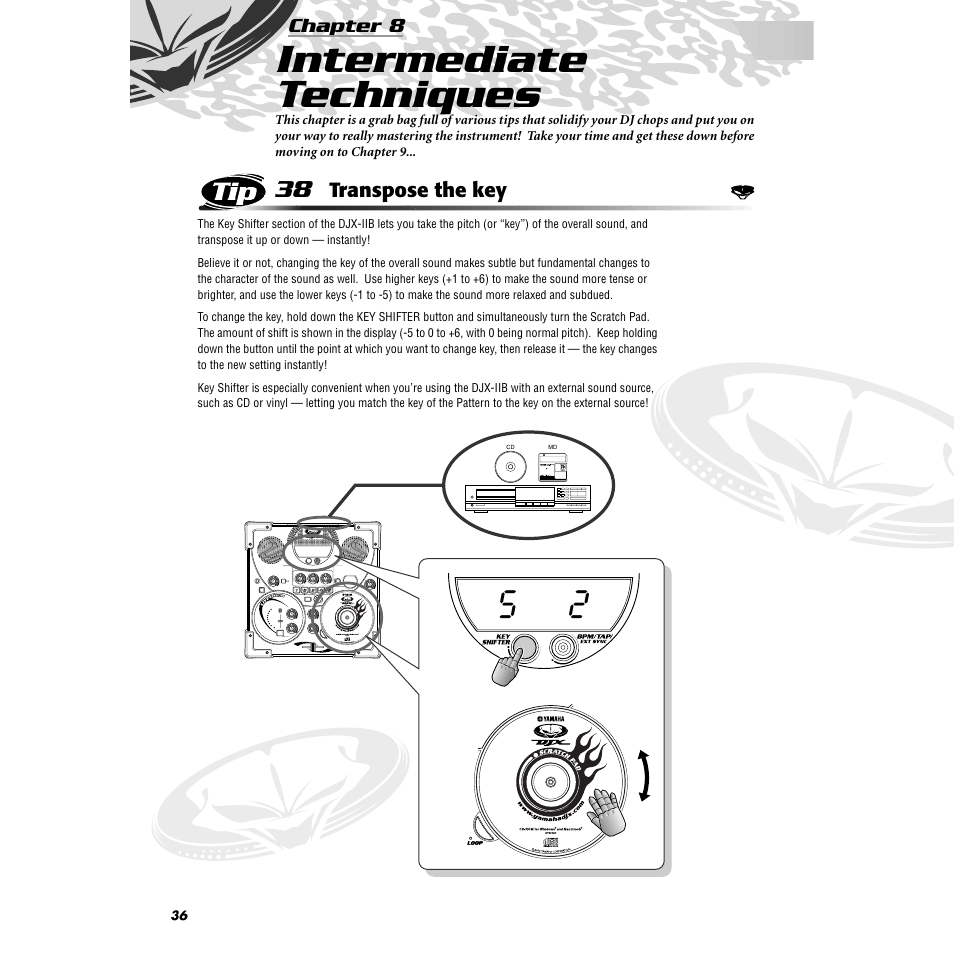 Chapter 8 intermediate techniques, Tip 38 transpose the key, Chapter 8 | Intermediate techniques, Tip 38, Transpose the key | Yamaha DJX-IIB User Manual | Page 36 / 93