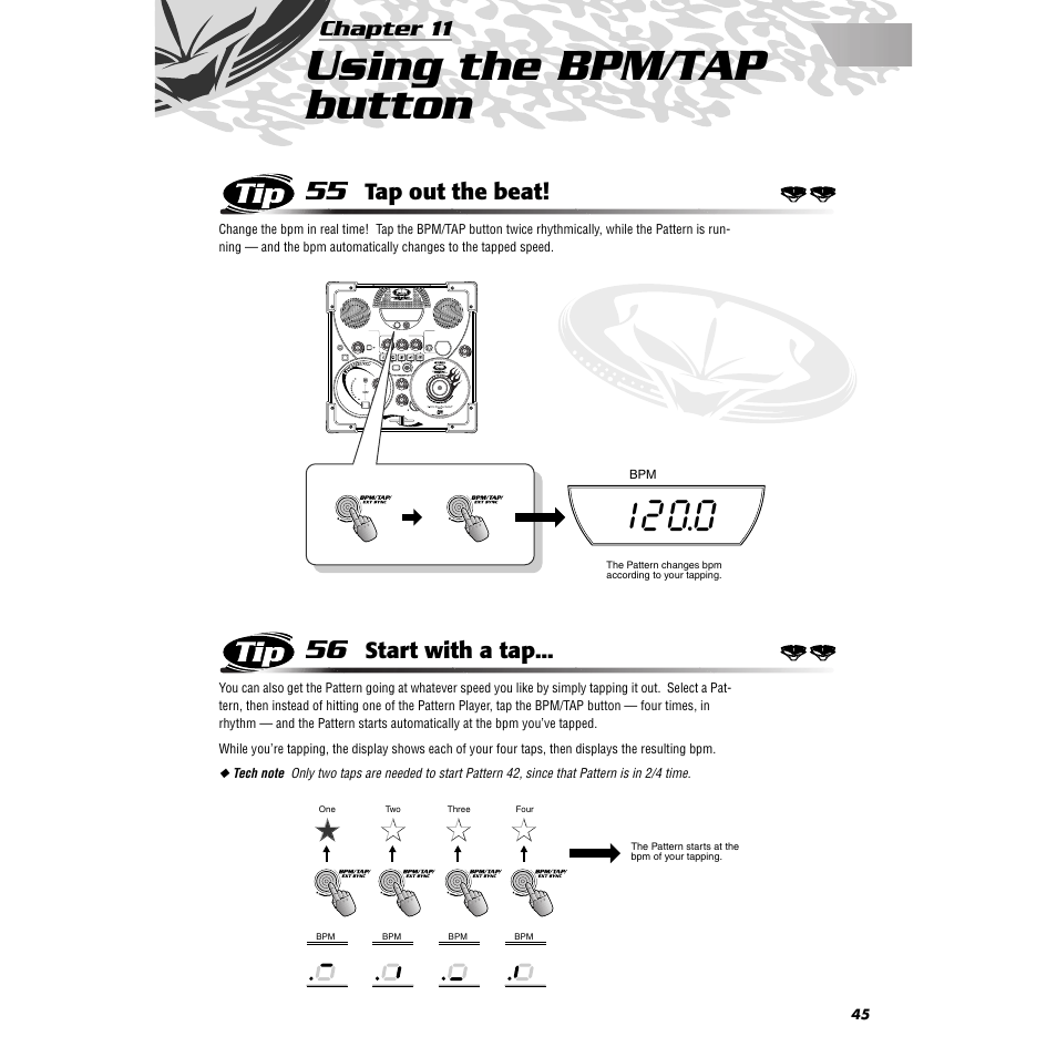 Chapter 11 using the bpm/tap button, Tip 55 tap out the beat, Tip 56 start with a tap | Chapter 11, Using the bpm/tap button, Tip 55, Tap out the beat, Tip 56, Start with a tap | Yamaha DJX-IIB User Manual | Page 45 / 93