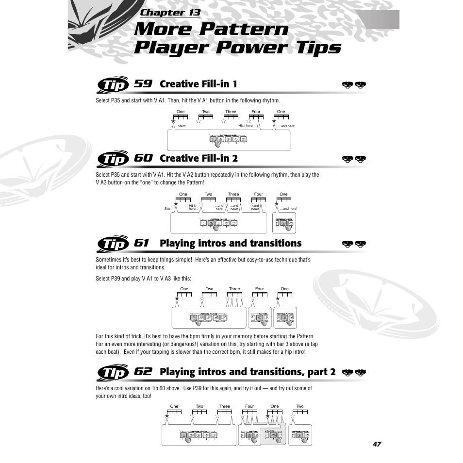 Chapter 13 more pattern player power tips, Tip 59 creative fill-in 1, Tip 60 creative fill-in 2 | Tip 61 playing intros and transitions, Tip 62 playing intros and transitions, part 2, Chapter 13, More pattern player power tips, Tip 59, Creative fill-in 1, Tip 60 | Yamaha DJX-IIB User Manual | Page 47 / 93