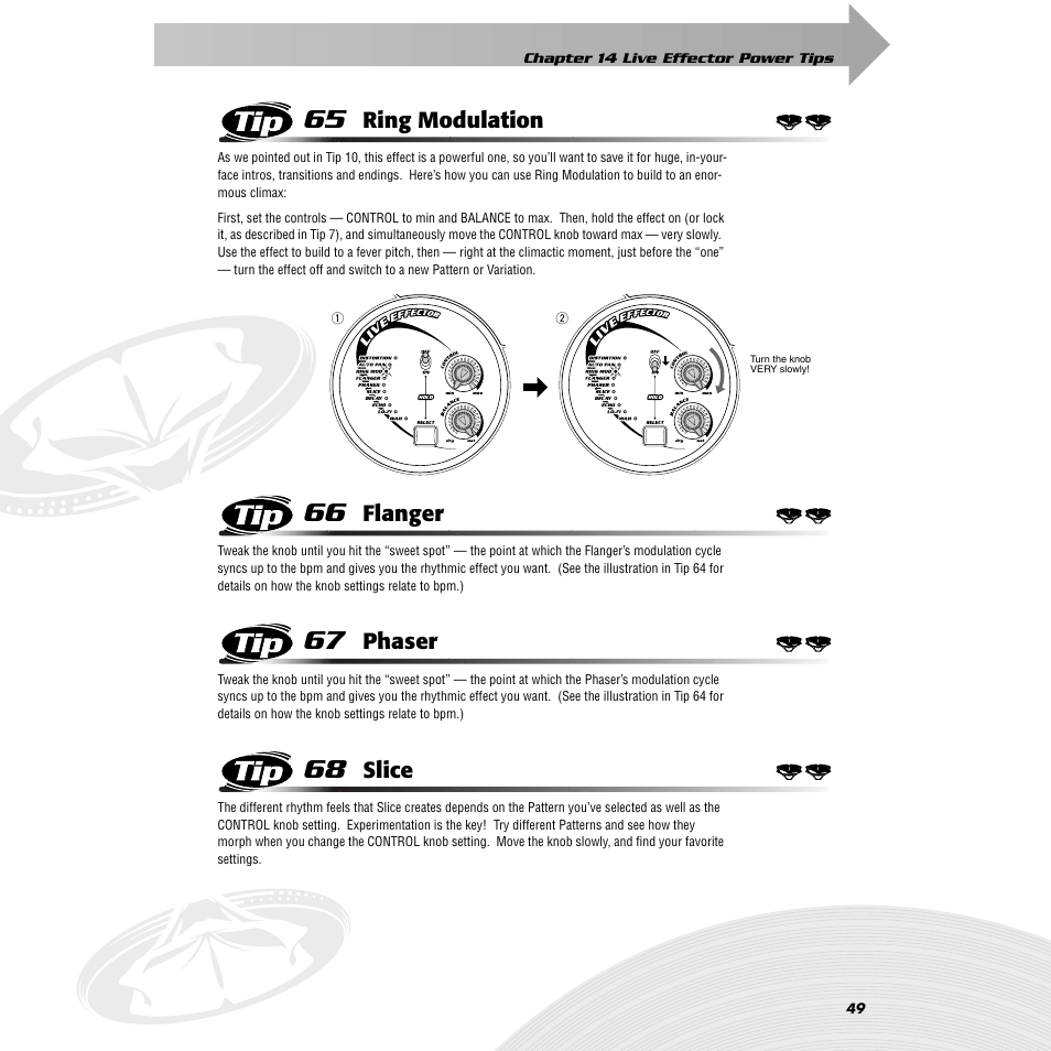 Tip 65 ring modulation, Tip 66 flanger, Tip 67 phaser | Tip 68 slice, Tip 65, Ring modulation, Tip 66, Flanger, Tip 67, Phaser | Yamaha DJX-IIB User Manual | Page 49 / 93