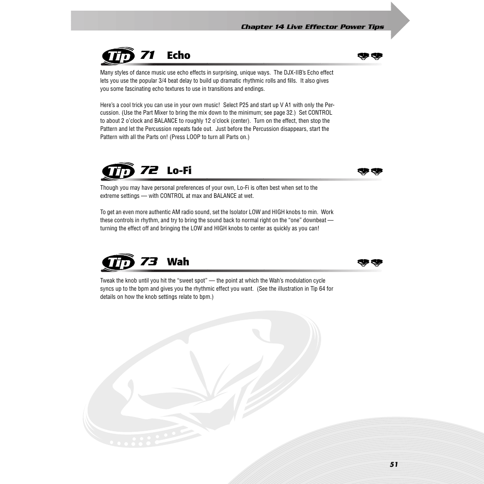 Tip 71 echo, Tip 72 lo-fi, Tip 73 wah | Tip 71, Echo, Tip 72, Lo-fi, Tip 73 | Yamaha DJX-IIB User Manual | Page 51 / 93