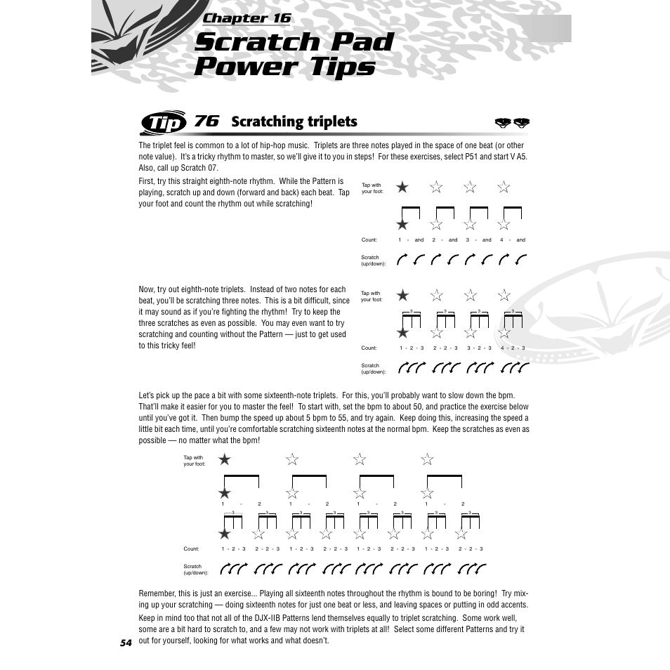 Chapter 16 scratch pad power tips, Tip 76 scratching triplets, Chapter 16 | Scratch pad power tips, Tip 76, Scratching triplets | Yamaha DJX-IIB User Manual | Page 54 / 93