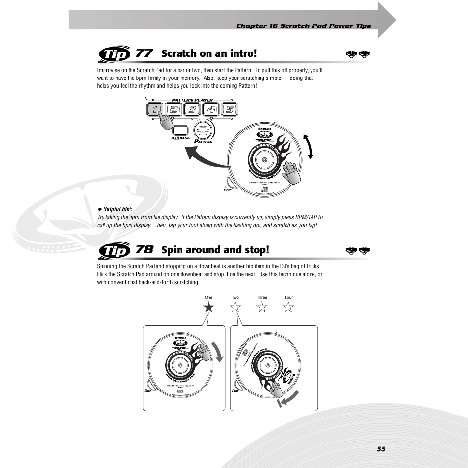 Tip 77 scratch on an intro, Tip 78 spin around and stop, Tip 77 | Scratch on an intro, Tip 78, Spin around and stop | Yamaha DJX-IIB User Manual | Page 55 / 93