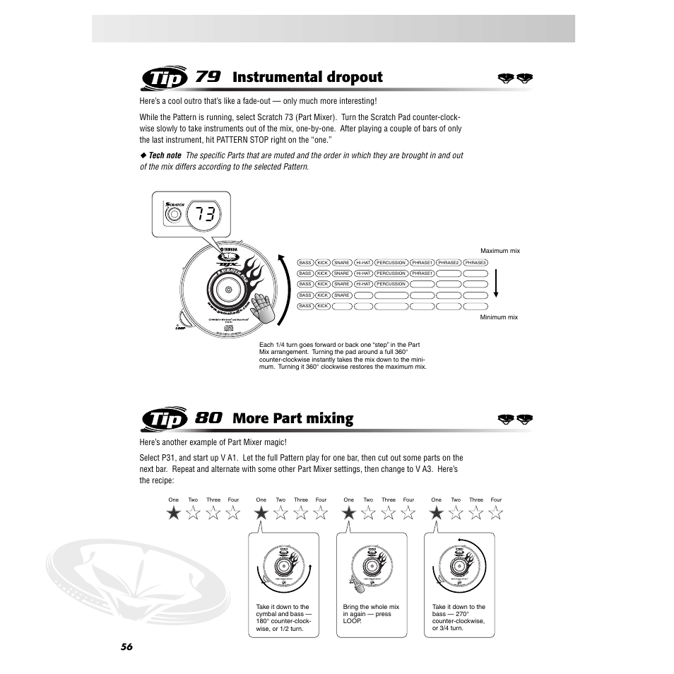 Tip 79 instrumental dropout, Tip 80 more part mixing, Tip 79 | Instrumental dropout, Tip 80, More part mixing | Yamaha DJX-IIB User Manual | Page 56 / 93