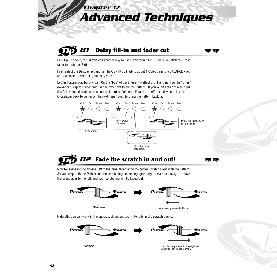 Chapter 17 advanced techniques, Tip 81 delay fill-in and fader cut, Tip 82 fade the scratch in and out | Chapter 17, Advanced techniques, Tip 81, Delay fill-in and fader cut, Tip 82, Fade the scratch in and out | Yamaha DJX-IIB User Manual | Page 58 / 93