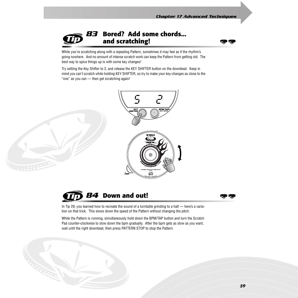 Tip 83 bored? add some chords... and scratching, Tip 84 down and out, Tip 83 | Bored? add some chords... and scratching, Tip 84, Down and out | Yamaha DJX-IIB User Manual | Page 59 / 93