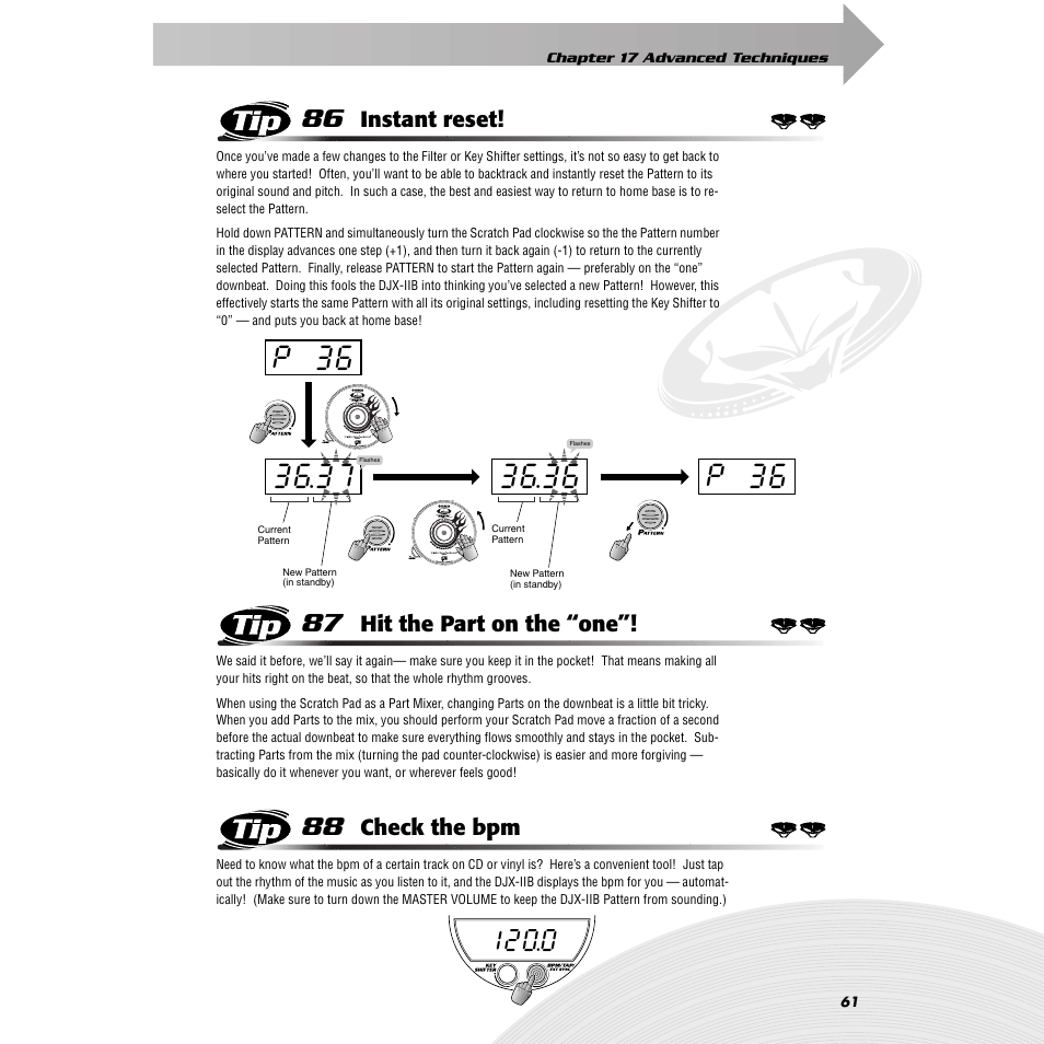 Tip 86 instant reset, Tip 87 hit the part on the “one, Tip 88 check the bpm | Tip 86, Instant reset, Tip 87, Hit the part on the “one, Tip 88, Check the bpm, P 36 | Yamaha DJX-IIB User Manual | Page 61 / 93