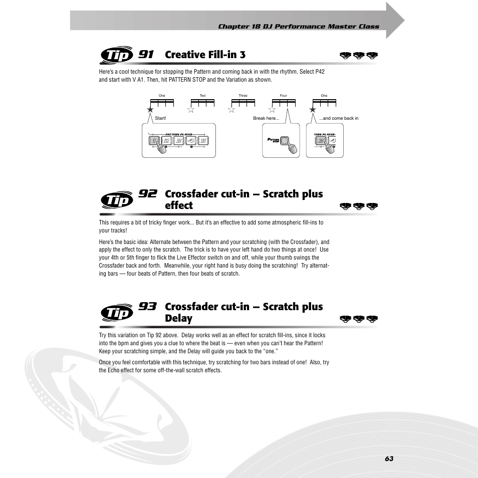 Tip 91 creative fill-in 3, Tip 92 crossfader cut-in — scratch plus effect, Tip 93 crossfader cut-in — scratch plus delay | Tip 91, Creative fill-in 3, Tip 92, Crossfader cut-in — scratch plus effect, Tip 93, Crossfader cut-in — scratch plus delay | Yamaha DJX-IIB User Manual | Page 63 / 93