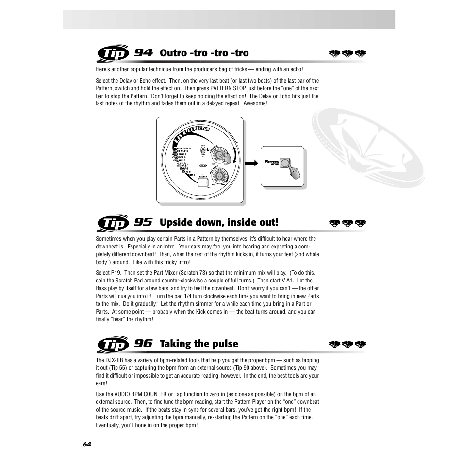 Tip 94 outro -tro -tro -tro, Tip 95 upside down, inside out, Tip 96 taking the pulse | Tip 94, Outro -tro -tro -tro, Tip 95, Upside down, inside out, Tip 96, Taking the pulse | Yamaha DJX-IIB User Manual | Page 64 / 93