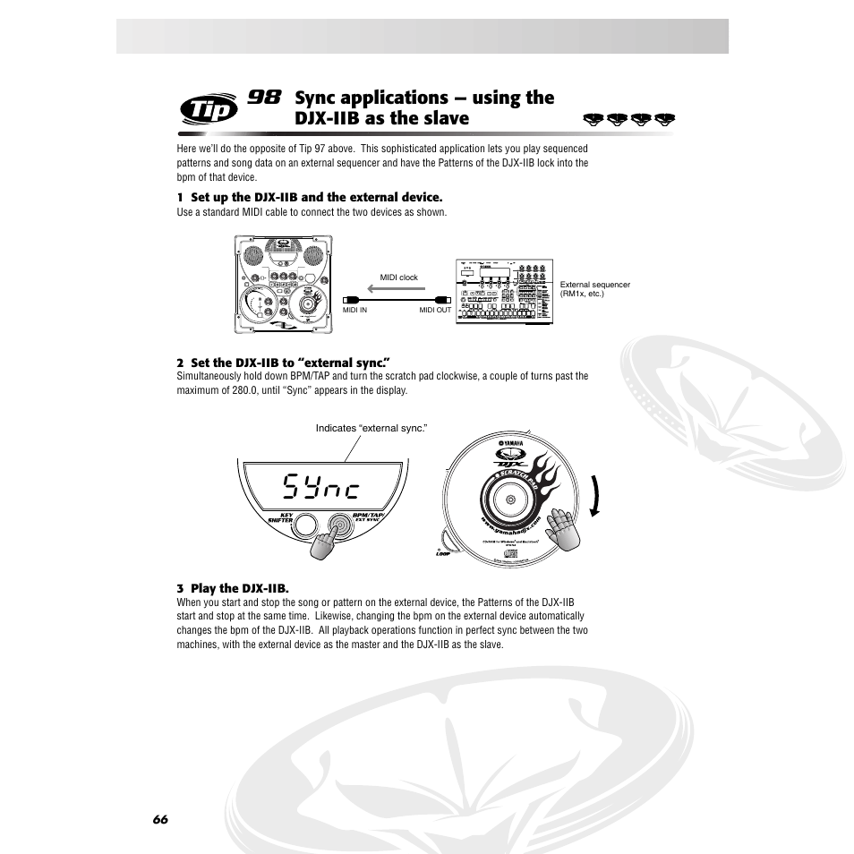 Tip 98, Sync applications — using the djx-iib as the slave, Sync | Yamaha DJX-IIB User Manual | Page 66 / 93