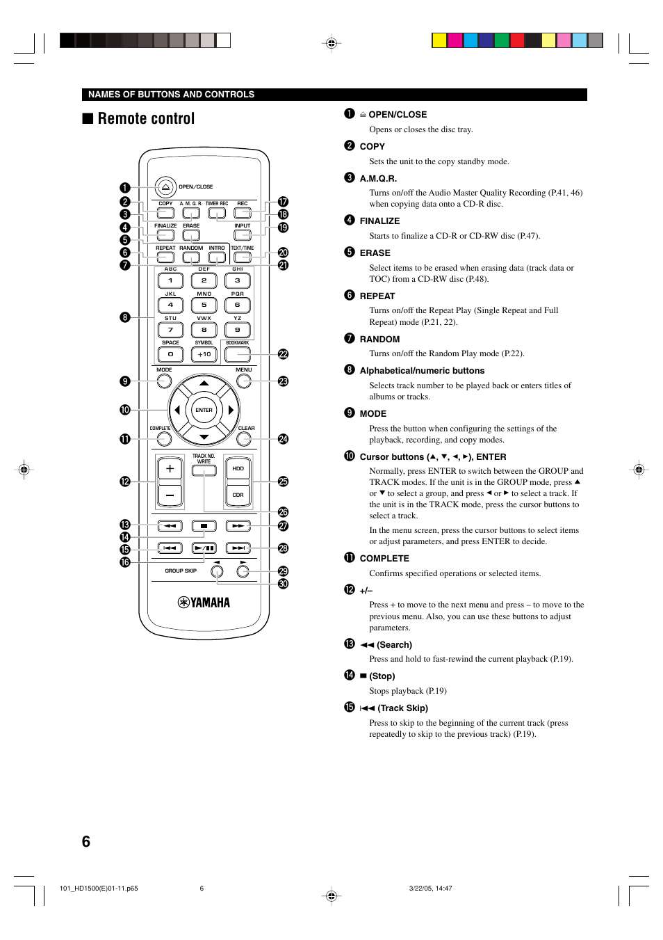 Remote control | Yamaha CDR-HD1500HDD User Manual | Page 12 / 90