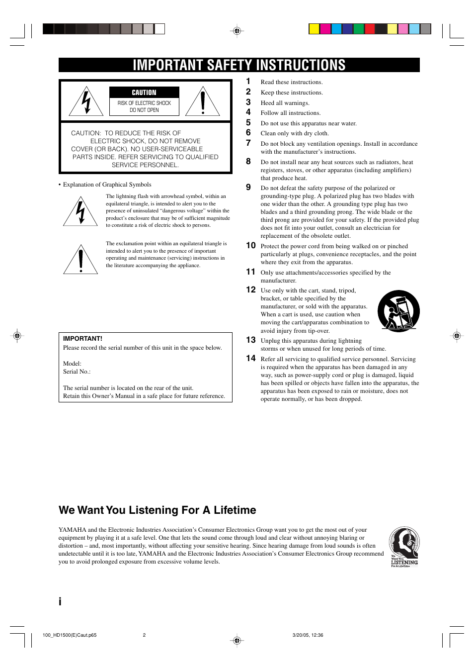 English, Important safety instructions, We want you listening for a lifetime | Yamaha CDR-HD1500HDD User Manual | Page 2 / 90