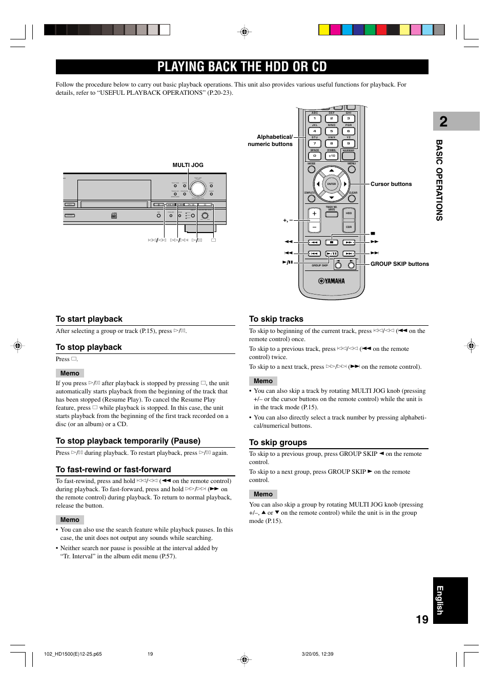 Playing back the hdd or cd, English b asic opera tions, Push enter | Min max optical, Coaxial analog | Yamaha CDR-HD1500HDD User Manual | Page 25 / 90