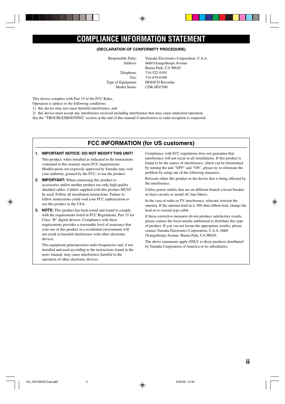 Compliance information statement, Fcc information (for us customers) | Yamaha CDR-HD1500HDD User Manual | Page 3 / 90