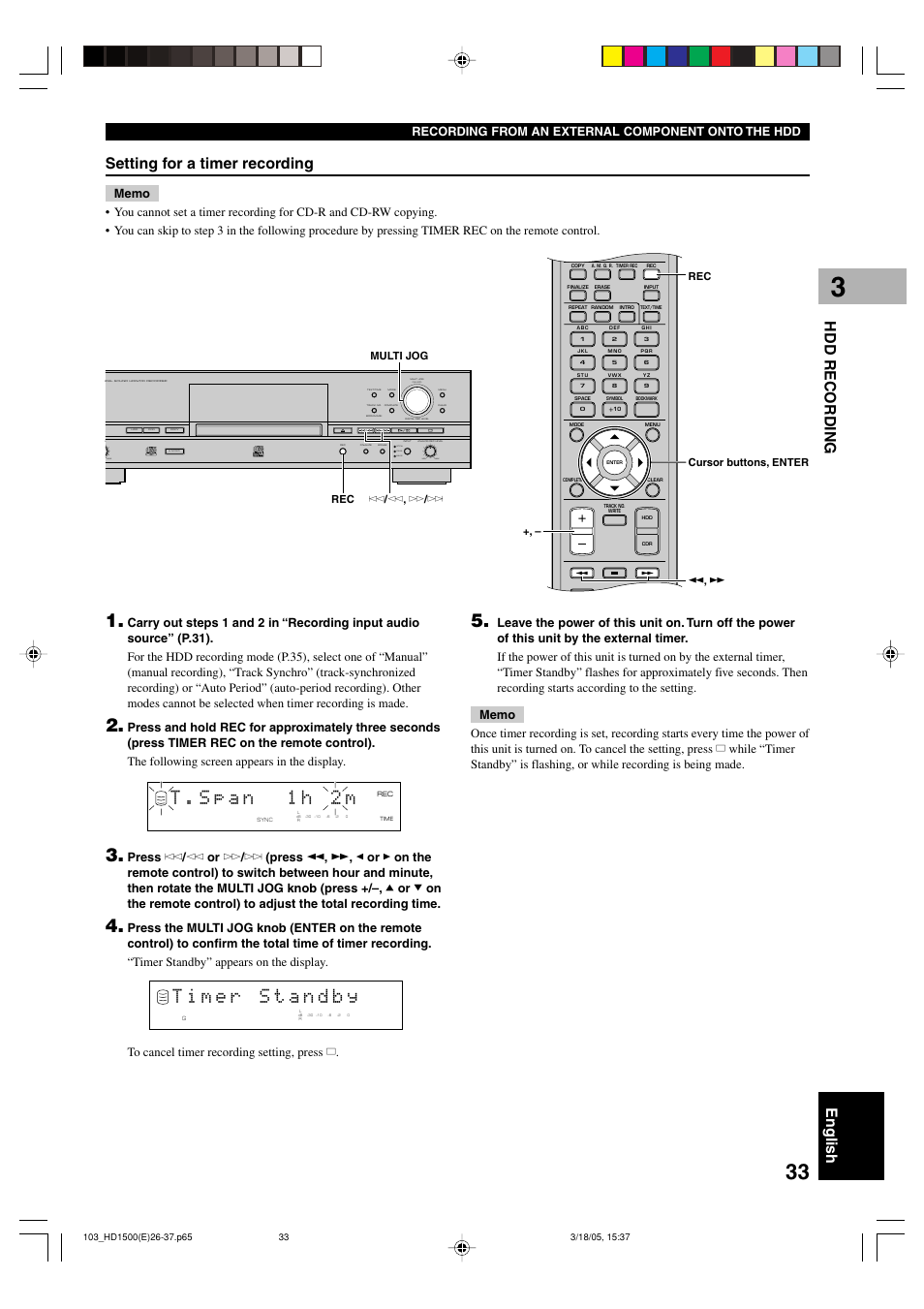 English hdd recording, Setting for a timer recording, Push enter | Min max optical, Coaxial analog, Recording from an external component onto the hdd | Yamaha CDR-HD1500HDD User Manual | Page 39 / 90