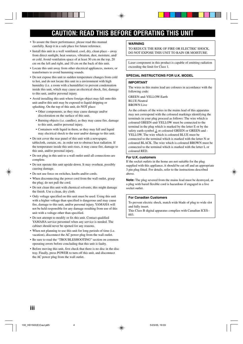 Caution: read this before operating this unit | Yamaha CDR-HD1500HDD User Manual | Page 4 / 90