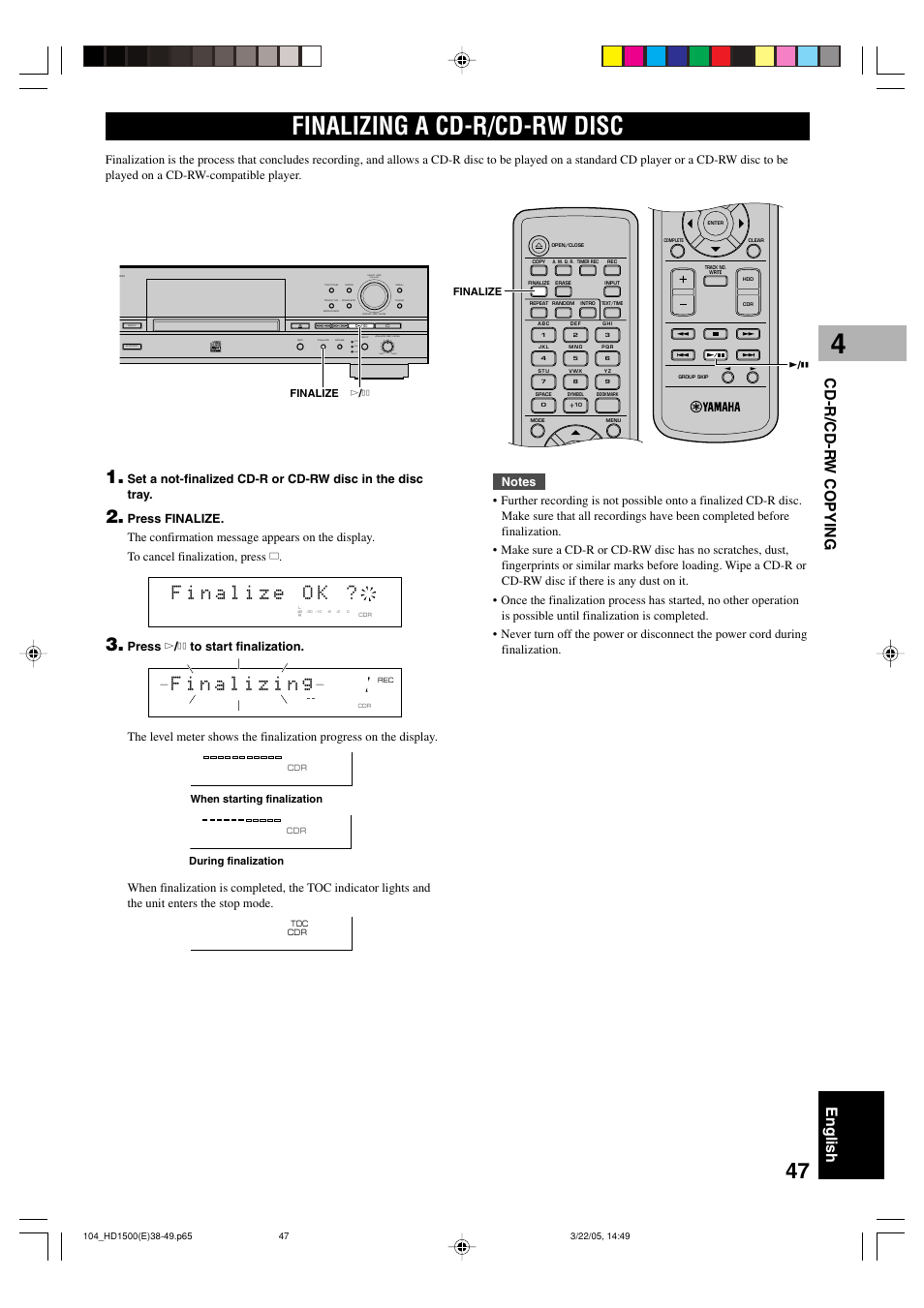 Finalizing a cd-r/cd-rw disc, English cd-r/cd-r w copying, Push enter | Min max optical, Coaxial analog | Yamaha CDR-HD1500HDD User Manual | Page 53 / 90