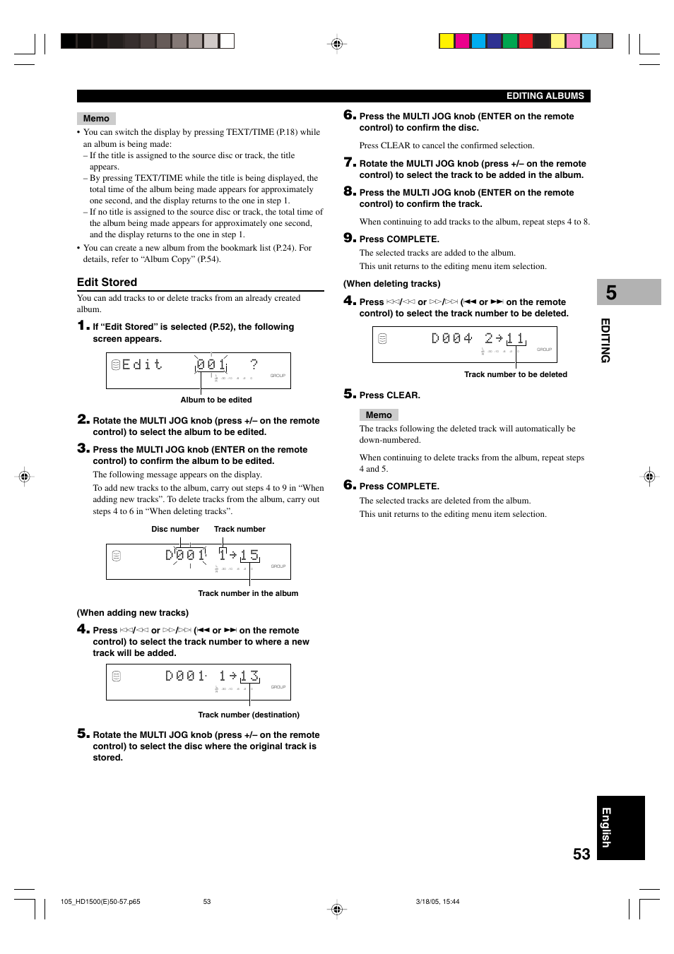 English editing, Edit stored | Yamaha CDR-HD1500HDD User Manual | Page 59 / 90