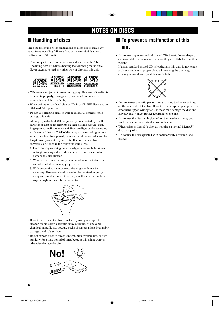 Handling of discs | Yamaha CDR-HD1500HDD User Manual | Page 6 / 90