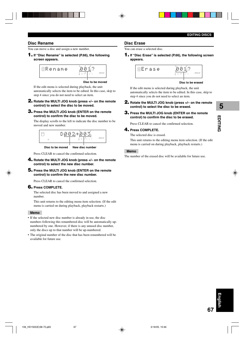 English editing, Disc rename, Disc erase | Yamaha CDR-HD1500HDD User Manual | Page 73 / 90