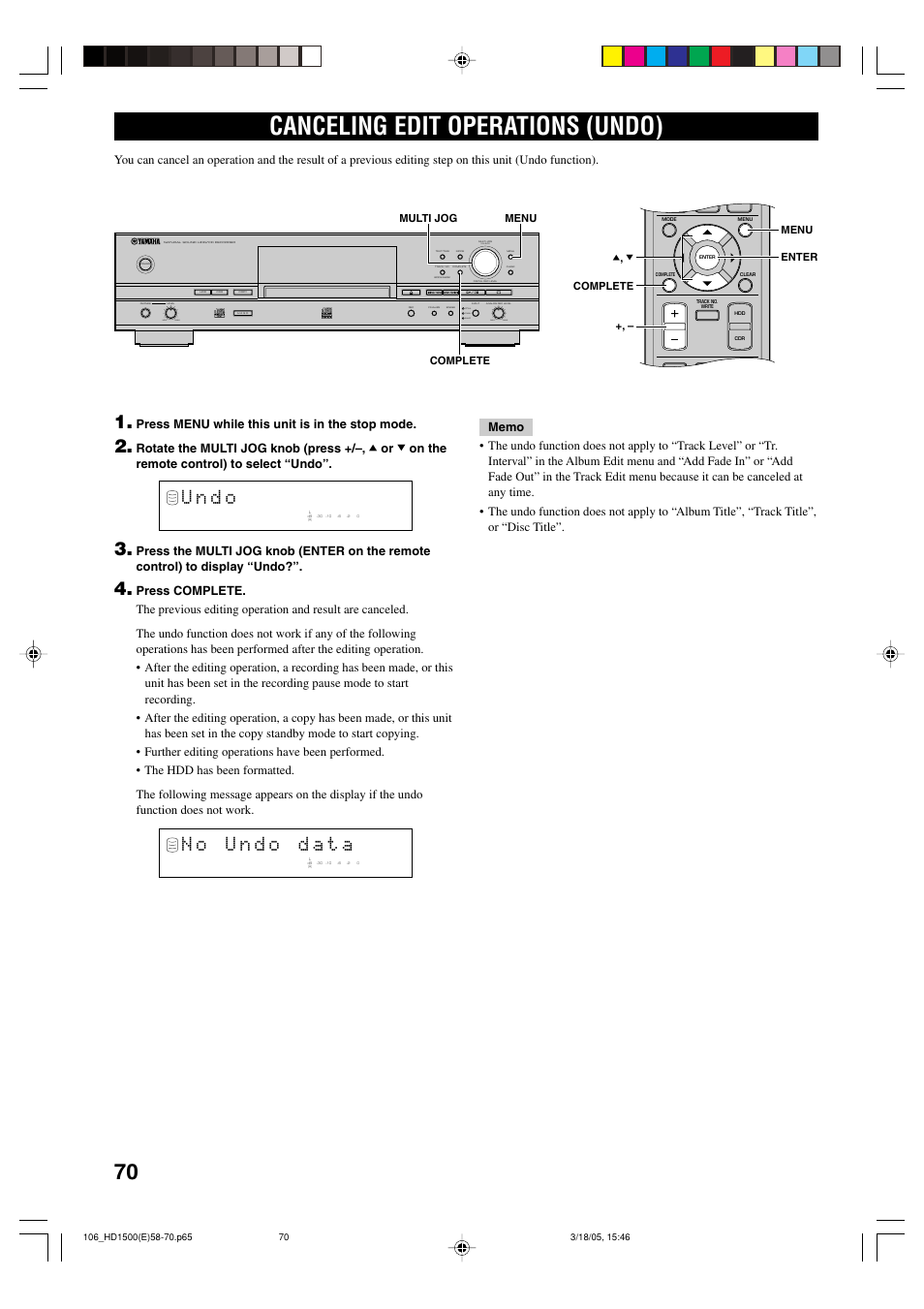 Canceling edit operations (undo), U n d o, Push enter | Min max optical, Coaxial analog, Min max, Press menu while this unit is in the stop mode | Yamaha CDR-HD1500HDD User Manual | Page 76 / 90