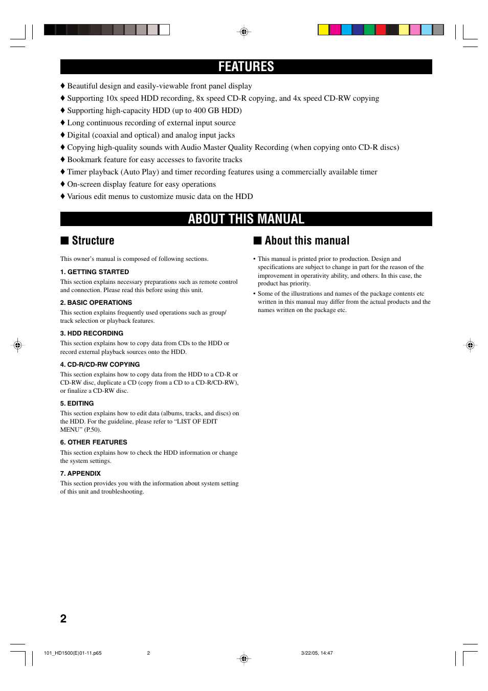 Getting started, Features, About this manual | Structure, 2■ about this manual | Yamaha CDR-HD1500HDD User Manual | Page 8 / 90