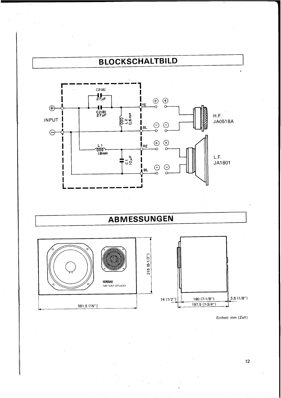 Blockschaltbild, Abmessungen | Yamaha NS-10M STUDIO User Manual | Page 13 / 14